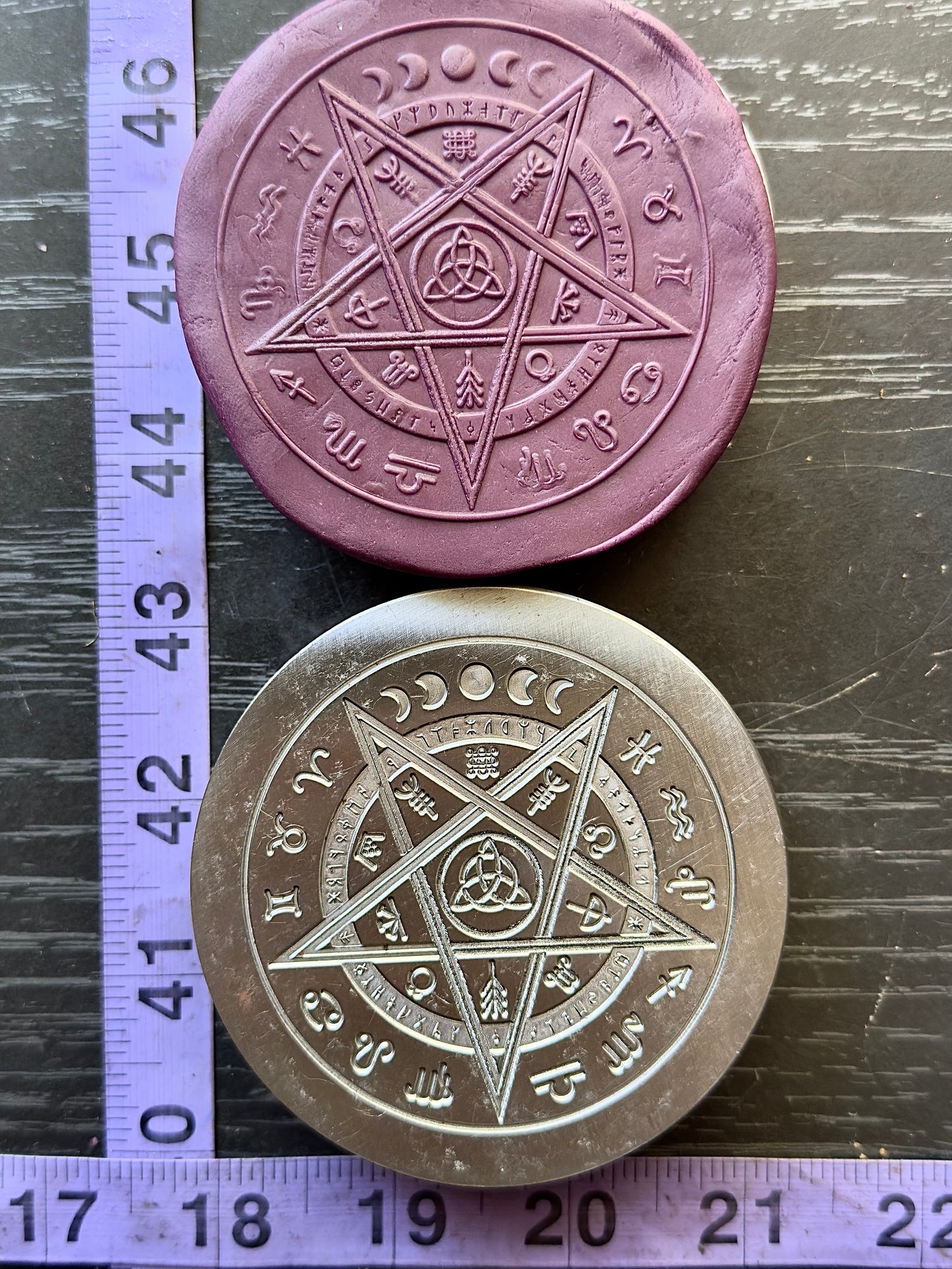 Moon phase astrological symbols, pentagram and more shot plate impression die