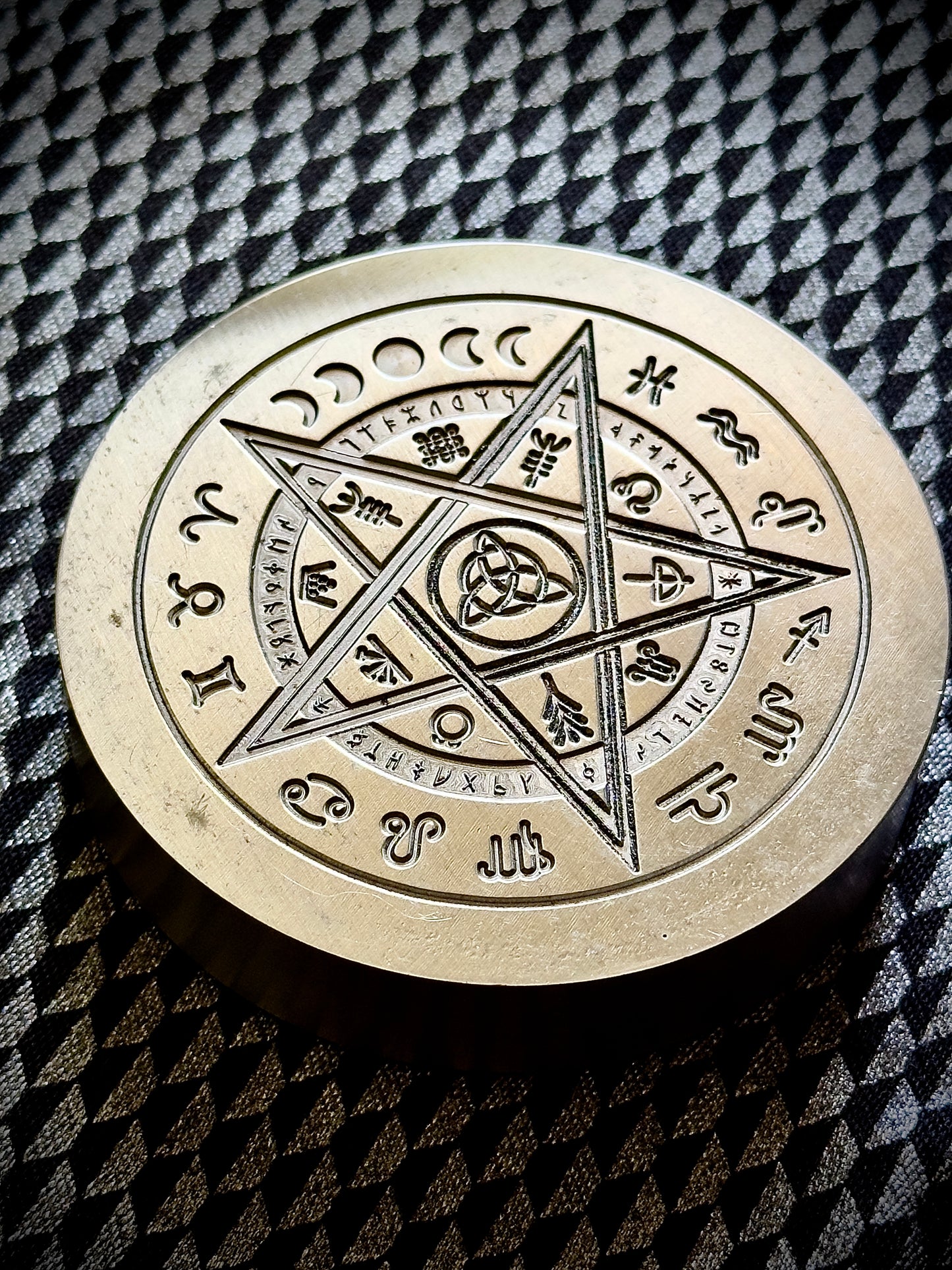 Moon phase astrological symbols, pentagram and more shot plate impression die