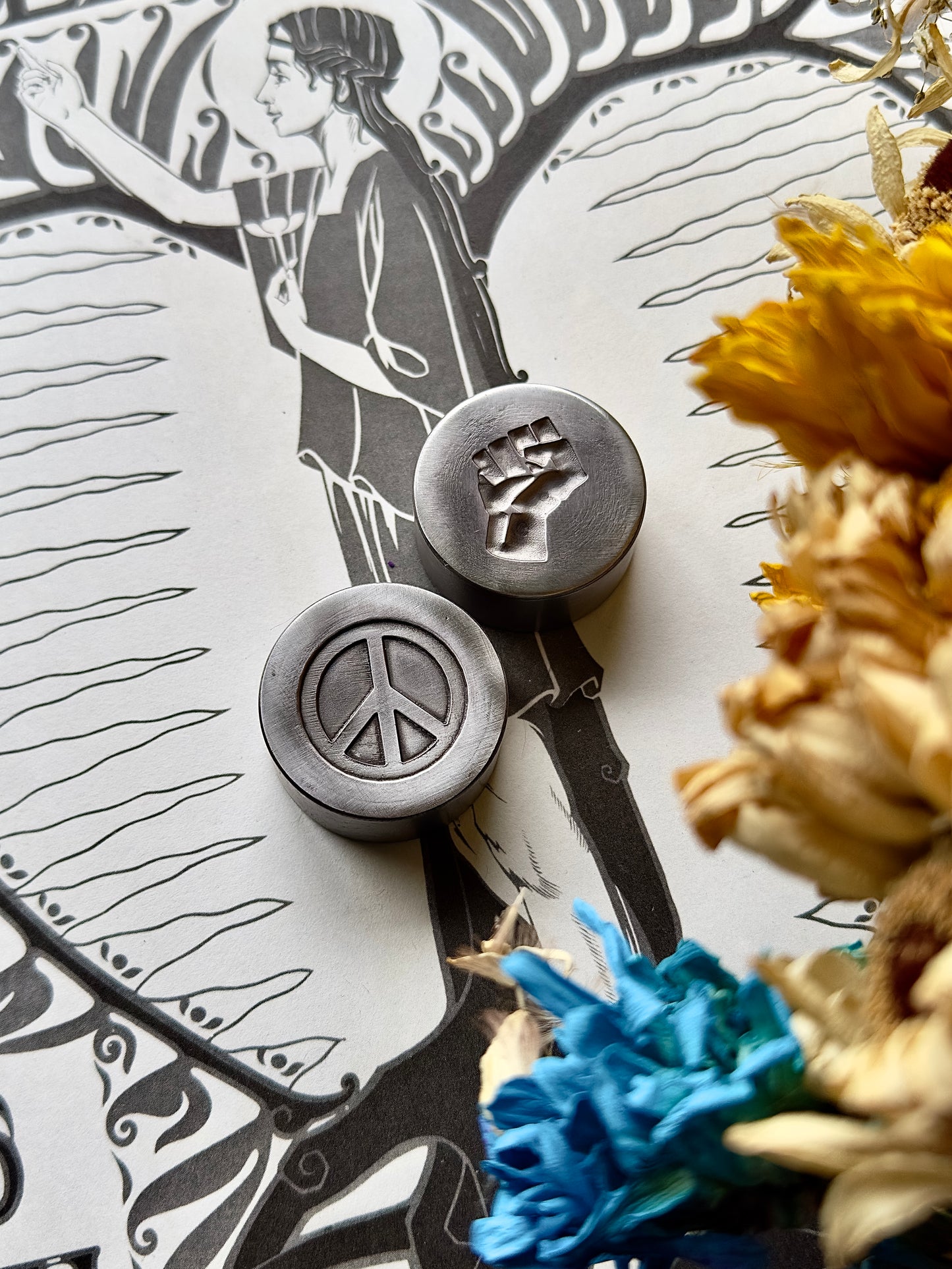 Raised Fist and Peace symbol impression die set