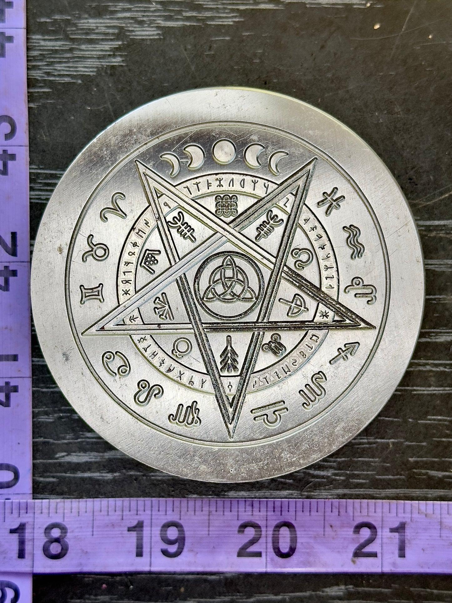 Moon phase astrological symbols, pentagram and more shot plate impression die