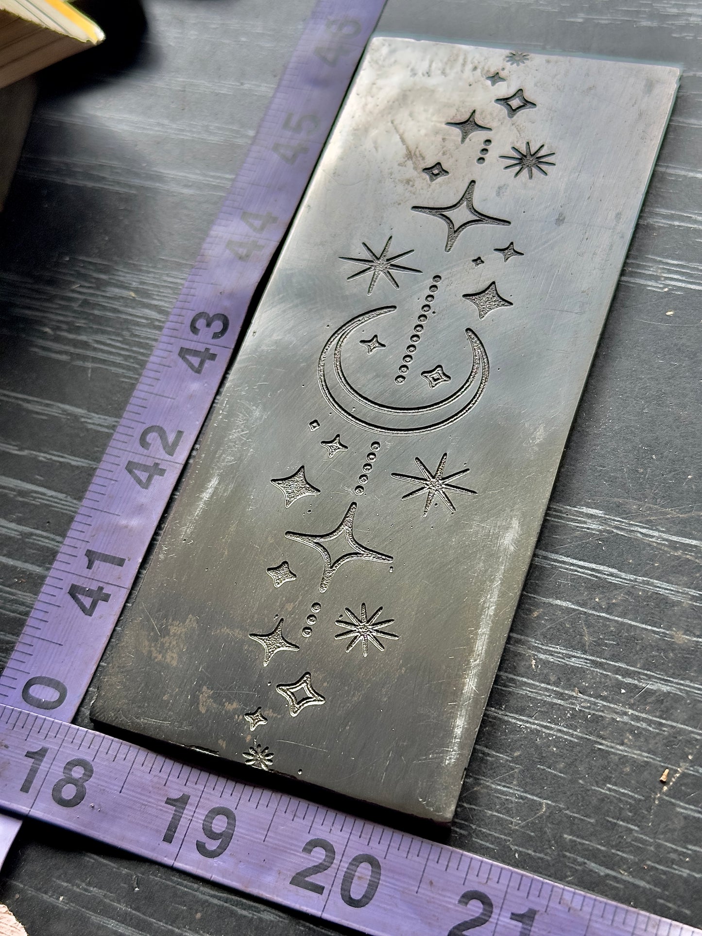 Celestial crescent moon and stars Texture/rolling mill plate