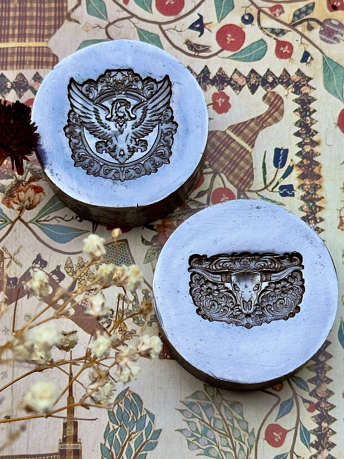 Decorated Eagle and SW style longhorn with tooled leather background steel impression die 2 pc set