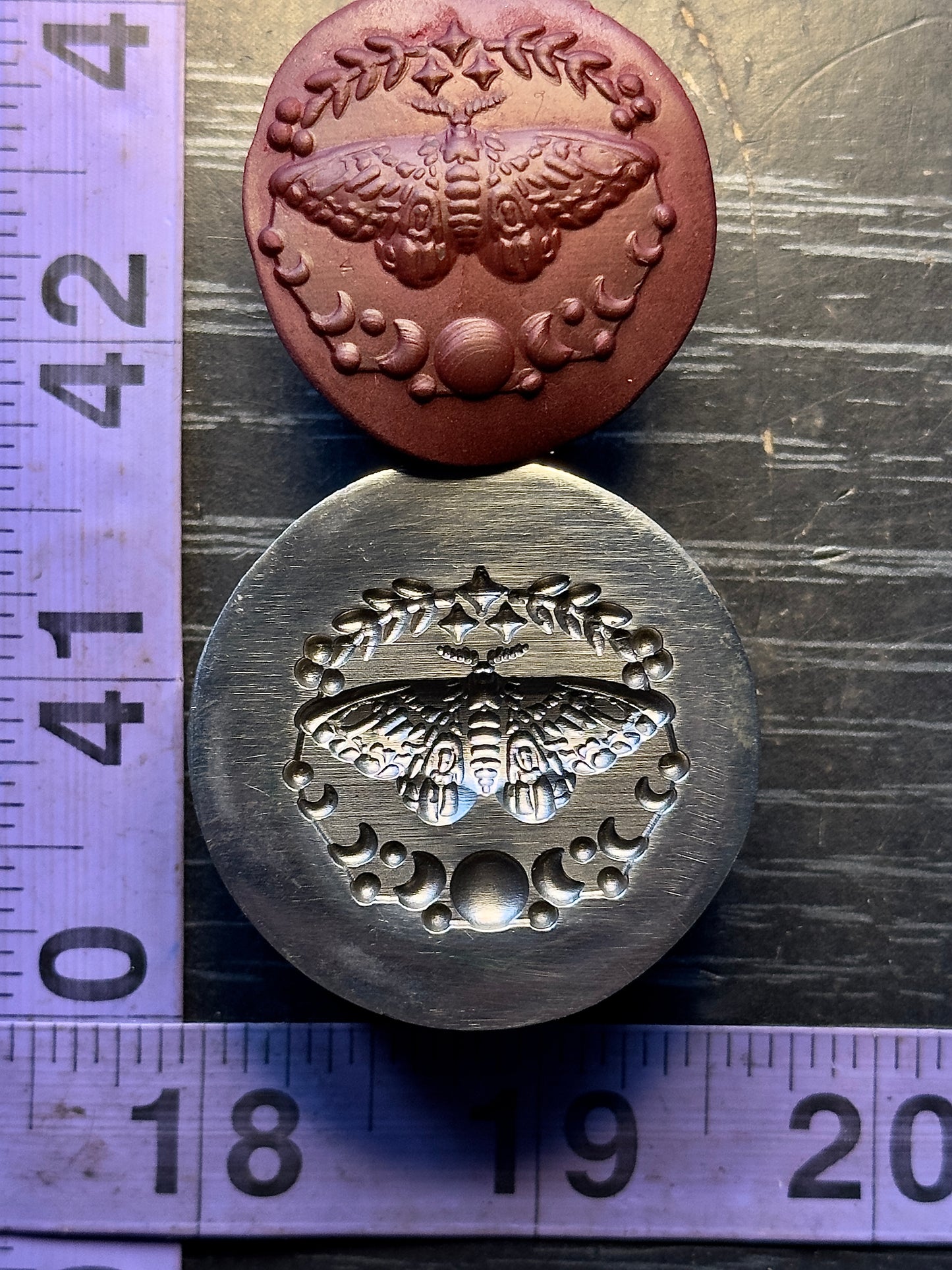 Moth and moon phase impression steel die